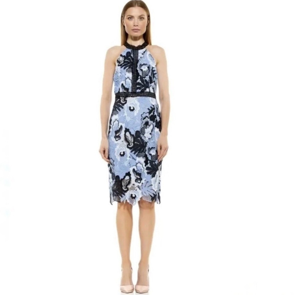 NWT! Alexia Admor “Celine” Blue Floral Lace Halter Sheath Dress Size 8 - Picture 2 of 8